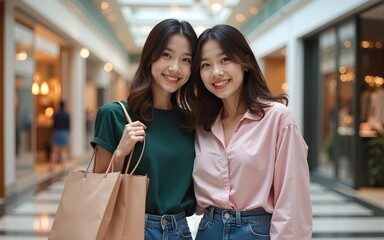 two young asian women shopping in mall. High quality