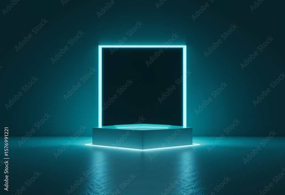 Poster glowing square frame on illuminated platform creating futuristic minimalist scene with reflective