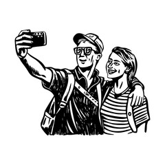 Fototapeta premium A vintage style illustration showing couple selfie