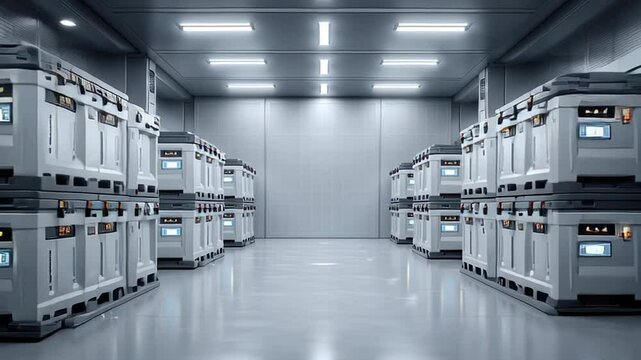 Modern industrial storage facility featuring rows of organized containers on polished floors, illuminated by bright overhead lights, showcasing efficient space utilization and advanced design concepts