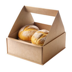 Two freshly baked bread rolls in a rustic takeout box, showcasing a golden-brown crust and dusted with flour for a homemade touch.