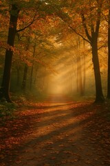 Fototapeta premium Sunbeams pierce through a misty autumn forest, illuminating a winding path and creating a magical, tranquil scene