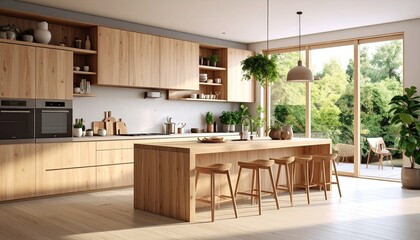 Modern light-filled kitchen with wooden cabinets and island