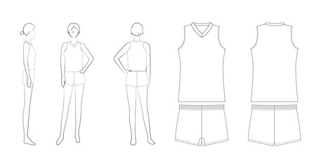 【バレーボールユニフォーム用テンプレートセット】女性モデル（前・横・後＋アイテム前後図）
Women's Volleyball Uniform Design Template &ndash; Pose and Item Front/Side/Back Views
