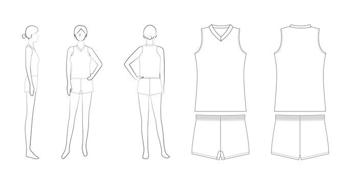 【バレーボールユニフォーム用テンプレートセット】女性モデル（前・横・後＋アイテム前後図）
Women's Volleyball Uniform Design Template &ndash; Pose and Item Front/Side/Back Views
