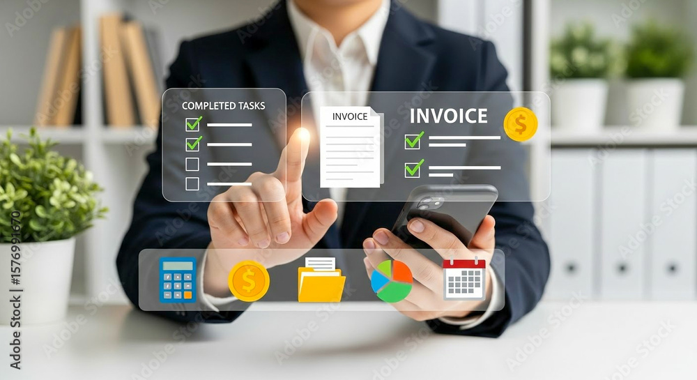 Poster entrepreneur using smartphone to manage invoices and completed tasks via digital interface
