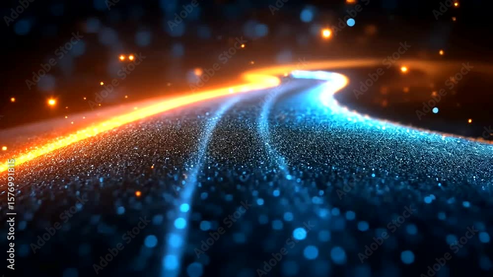 Poster abstract glowing particle trail: futuristic background with dynamic light streaks