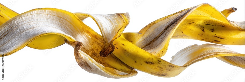 Poster abstract composition featuring a banana peel with a clean white background highlighting texture and 