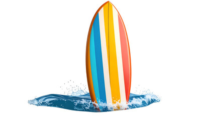 3d colorfull stripped surfing board on a tide of water isolated on transparent background