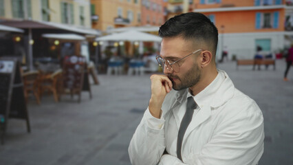 Young hispanic man in white coat stands on urban street pondering thoughtfully under city lights