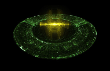 Futuristic sci-fi energy core featuring a glowing yellow center and detailed green holographic ring, designed as a high-tech digital element for advanced visual effects and conceptual technology scene