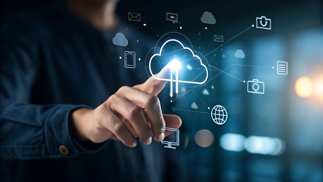 Man Touching Cloud Computing Interface: Seamless Data Connectivity and Innovative Technology Solutions for Enhanced Digital Integration.