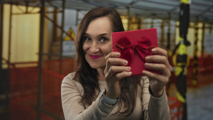 Woman smiling holding red gift box at construction site, showcasing a joyful atmosphere outdoors...