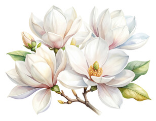 Fototapeta premium Elegant White Magnolia Flowers Watercolor Illustration with Soft Brush Strokes, Isolated on Transparent Background PNG
