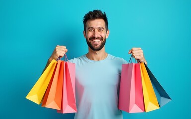 happy man in t-shirt holding shopping bags on blue, banner. High quality