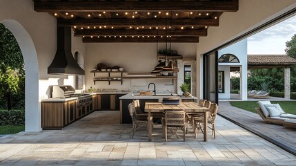 Luxurious outdoor kitchen and dining area with stylish furniture