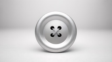 Silver metallic sewing button with thread on white background for tailoring and fashion design
