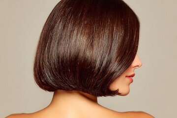 Fototapeta premium Bob Haircut From The Back, Featuring A Clean Center Part And Subtle Natural Highlights In Dark Brown Hair. The Bob Has Soft Curves At The Ends And Is Styled With Precision