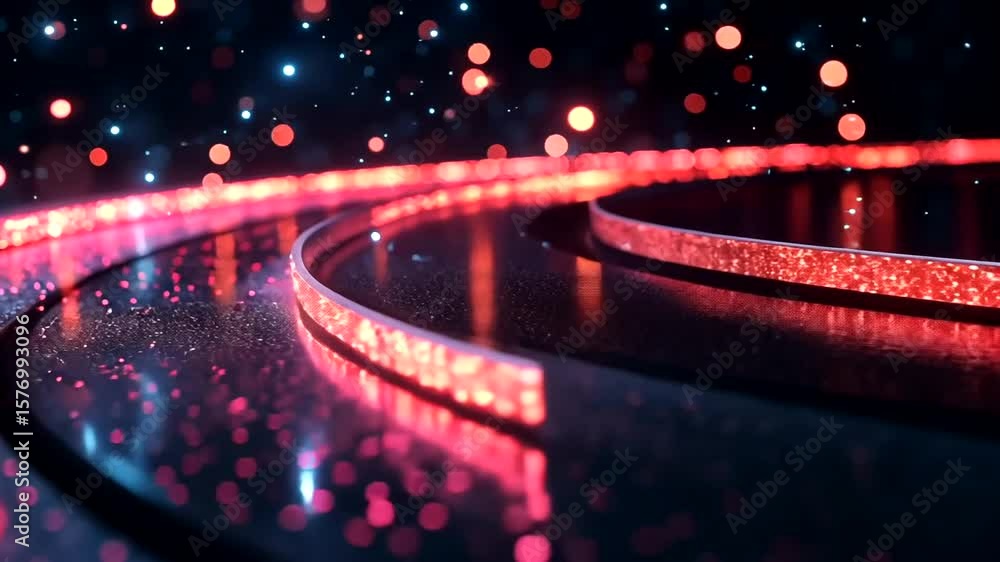 Poster abstract glowing red and blue light trails on a dark background with bokeh effect