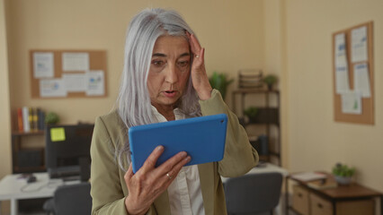 Senior woman with grey hair using a tablet in an office setting, illustrating focus and...