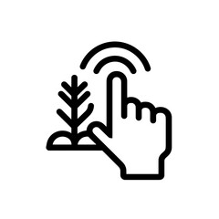 Detailed line icon showing a hand touching a seedling, representing growth or interaction, concept for smart farming applications, agricultural tech innovations and future sustainable crop management