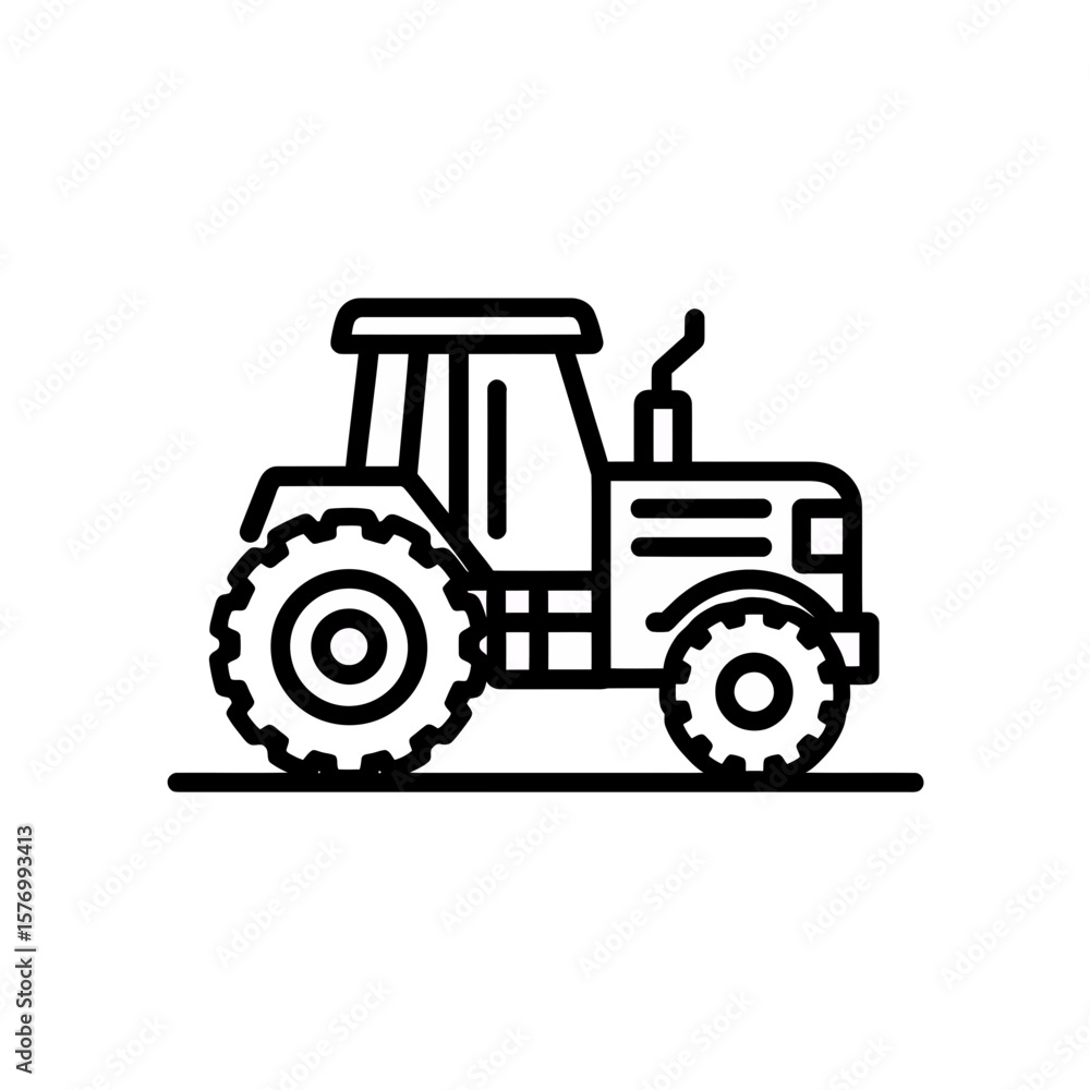 Poster simple crisp black outline vector icon illustrating a profile view of a powerful farm tractor with l