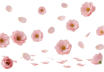 Delicate pink flowers and scattered petals, soft blush to pastel rose, perfectly formed, floating mid-air against a transparent studio background with high-key lighting, UHD photo, high angle.