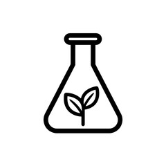 Simple linear icon showing a laboratory flask containing a small green plant sprout, symbolizing biological research and growth, concept for modern biotechnology studies, sustainable scientific