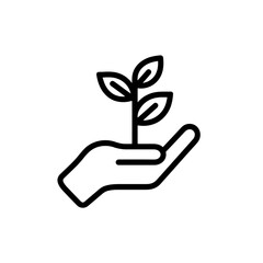 Minimalistic black outline icon illustration showing a hand carefully supporting a young plant with leaves, concept for sustainable practices, environmental stewardship, and green growth promotion