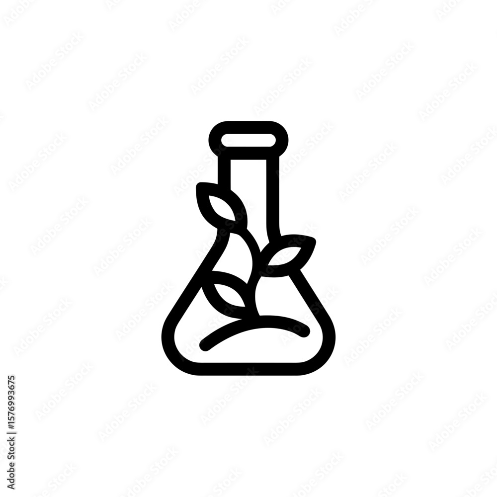 Poster clean minimal outline icon showing a laboratory flask nurturing a vibrant plant shoot inside its gla