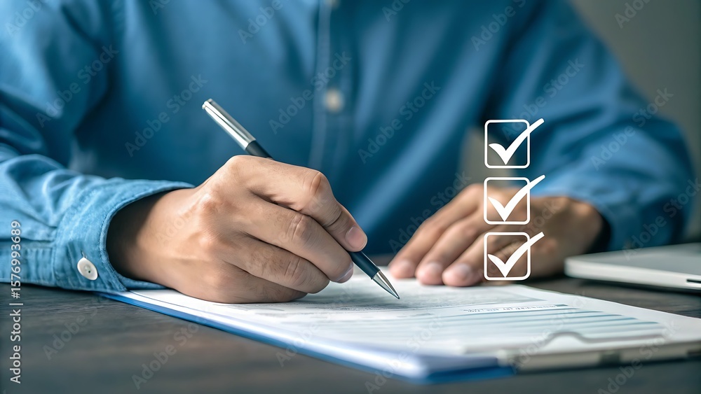 Poster person completing checklist with pen, showing approval and accuracy on document with graph, laptop o