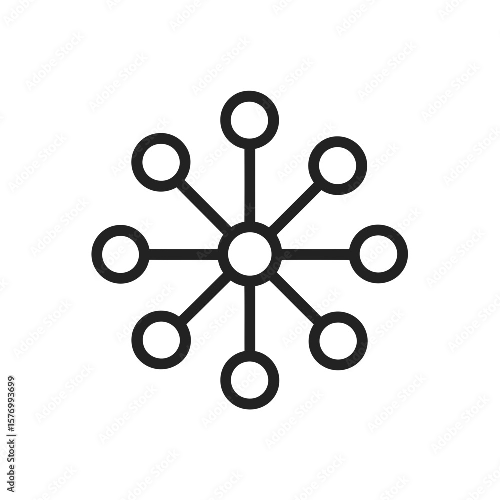 Poster minimalist black outline icon illustrating a network with a central node and connections, concept fo