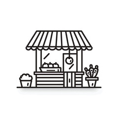 Clean black line icon depicts a traditional outdoor market stand with striped awning, detailed counter, and potted plants, concept for farmer's market graphic, local produce vendor design