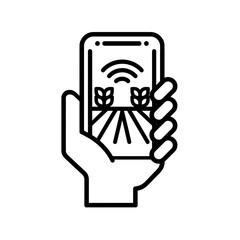Outline vector illustration shows hand holding smartphone displaying digital agriculture field monitoring technology, concept for precision farming, data-driven agriculture, and remote automation