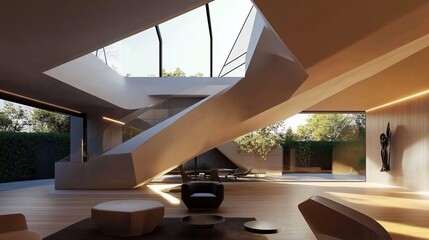 Architectural Interior with Modern Staircase and Natural Light
