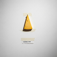 A wedge of cheese is taped to a white wall with the label "Untitled, 2025" beneath it.