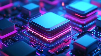 Advanced microchip technology with intricate neon lit circuit patterns