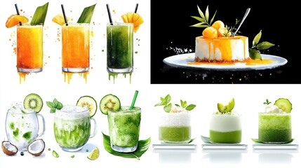 Tropical drinks and desserts, watercolor style