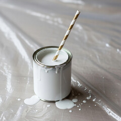 A paint can with white paint and a straw, with paint spilled on plastic.