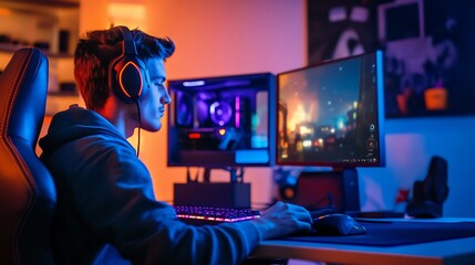 Immersive gaming experience, Young gamer lost in vibrant virtual world