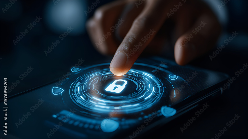 Poster cyber security touch: a person's finger activates a virtual lock on a mobile device, emphasizing dig
