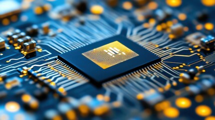 Futuristic 5G Chip on Circuit Board with Macro Lighting