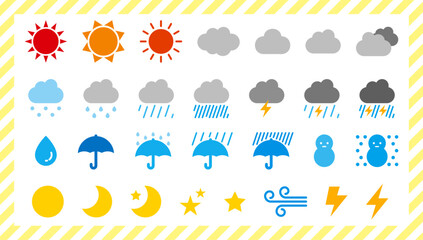天気アイコンのベクターセット｜晴れ、曇り、雨、雪、雷、風、傘、太陽、月、星、天候記号をまとめたカラフルなイラスト素材