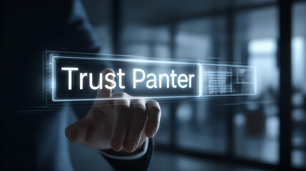 Digital Trust Interface: A close-up shot captures a finger poised to activate the Trust Panter interface, hinting at digital security, confidentiality, and reliance in a professional setting.