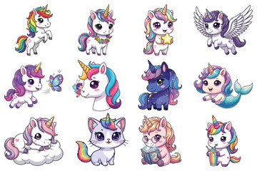 Cute Cartoon Unicorns and Fantasy Creatures Vector Set