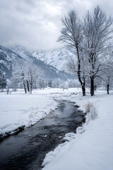Tranquil Winter Wonderland: Snow-Covered Landscape with Barren Trees and Distant Mountains
