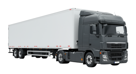 Modern deep grey semi-trailer truck with transparent cargo box, chrome accents, on a transparent infinity cyclorama background with diffuse studio lighting, showcasing industrial precision and