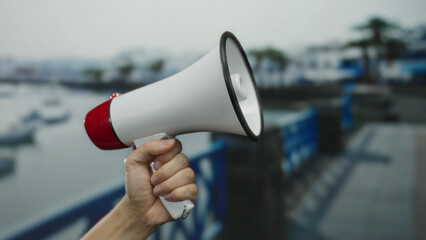 Man holding megaphone at seaside port with boats in background emphasizing communication in outdoor nautical setting.