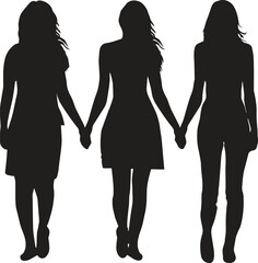 Strong women and girls different nationalities and cultures stand together near the big letters of the word Women.