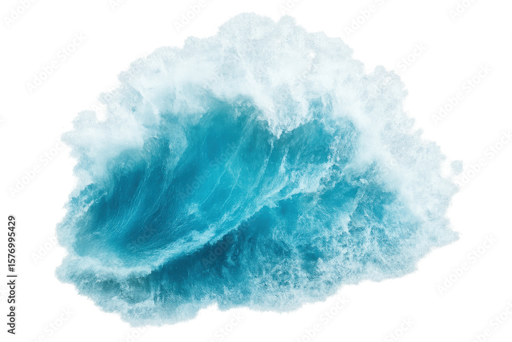 Poster powerful ocean wave curling and breaking with foam, isolated on transparent background, perfect for 